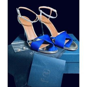 Malone Souliers Blue/Silver Foil Leather & Fabric Twill Ankle Strap Heels, SZ 40